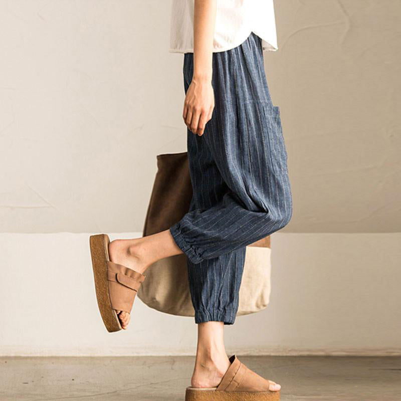 High Elastic Waist Pockets Striped Baggy Harem Pants