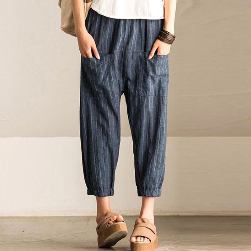 High Elastic Waist Pockets Striped Baggy Harem Pants