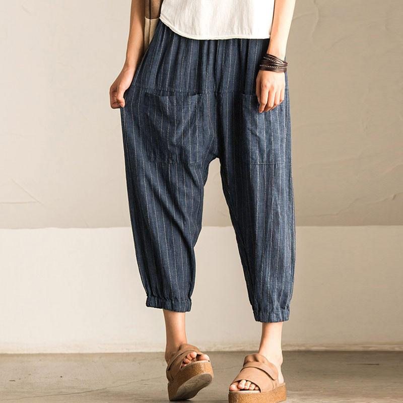High Elastic Waist Pockets Striped Baggy Harem Pants