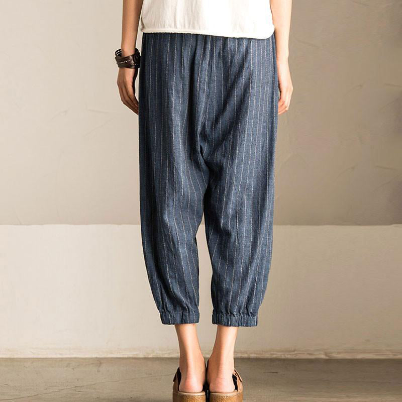 High Elastic Waist Pockets Striped Baggy Harem Pants